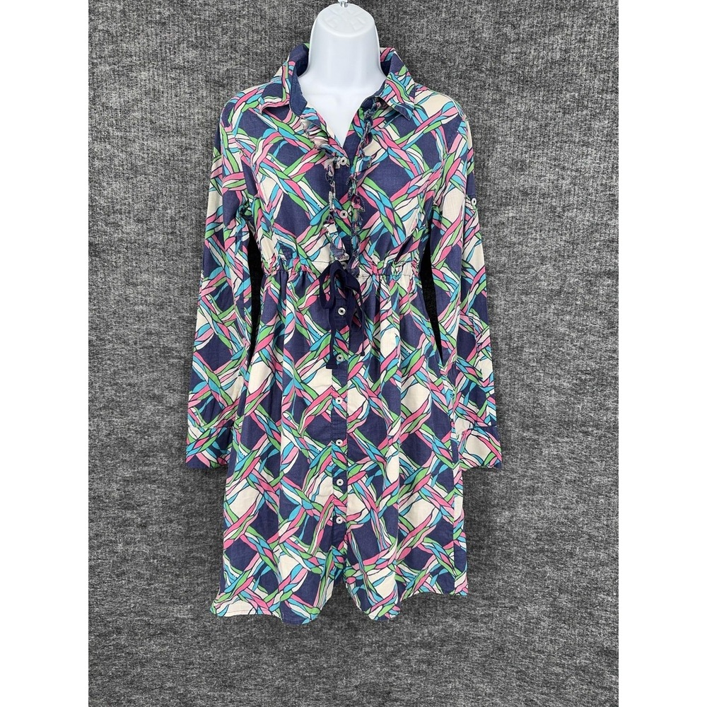 Lilly Pulitzer Shirt Dress Womens 4 Multicolor Geometric Ruffle Waist Tie Cotton